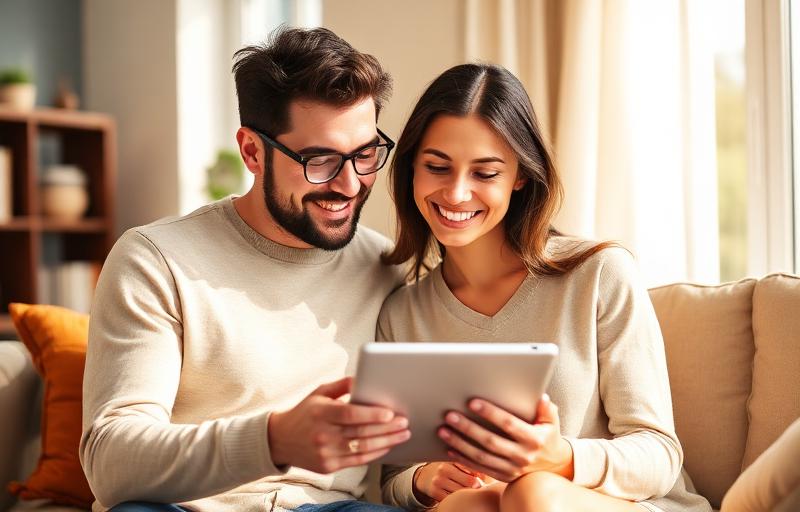 Couple reviewing their savings on a tablet at home